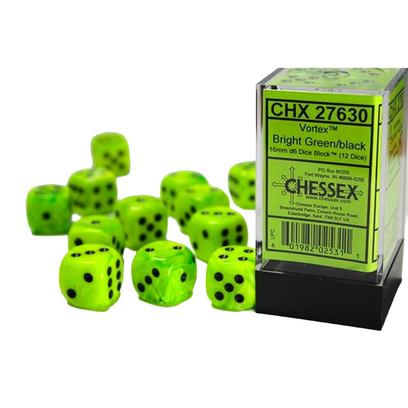 Set 12 dadi 6 facce 16mm Vortex - Bright Green & Black - Modellismo...