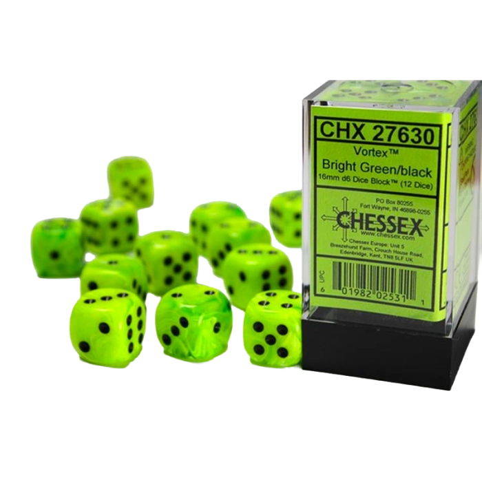 Set 12 dadi 6 facce 16mm Vortex - Bright Green & Black - Modellismo...