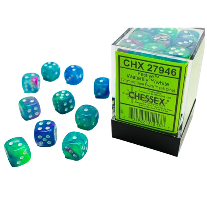 Set 36 Dadi 6 facce 12mm Festive - Waterlily & White Chessex | La T...