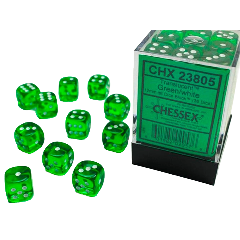 Set 36 Dadi 6 facce 12mm Translucent - Green & White Chessex | La T...